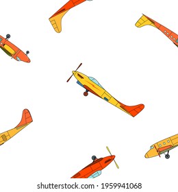 Seamless pattern with red and yellow vintage planes in cartoon style on white background.