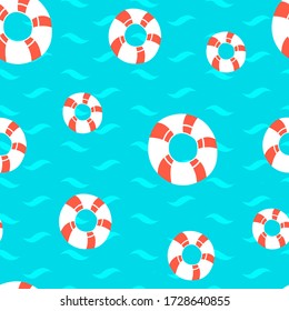 Seamless pattern of red-and-white buoys on the sea background