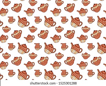 Seamless pattern of red-beige teapots, sugar bowls and jugs of milk on a white background. Hand drawing in scandinavian style. For wrapping paper, wallpaper, fabric, textile, decoration, etc. Vector.