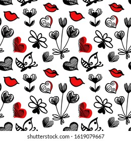 Seamless pattern red-black-white freehand drawing with a set of elements symbolizing love, spring, wedding. Butterfly flutters over a flower, hearts of different shapes in doodle outline style vector 