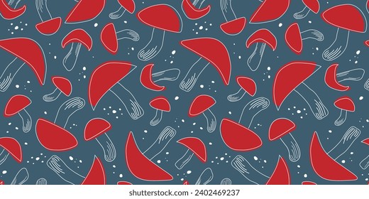 Seamless pattern with red-capped fly agaric mushrooms. Abstract natural linear print. Vector graphics.