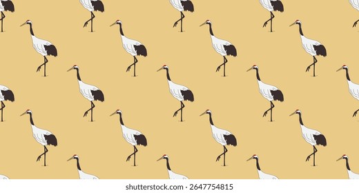 Patrón sin fisuras con grúa de corona roja. Ilustración vectorial de dibujos animados para estampados, prendas de vestir, embalajes y postales.