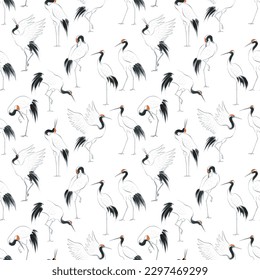 Seamless pattern with red-crowned japanese cranes in oriental style. Can be used for wallpaper, pattern fills, textile, web page background, surface textures