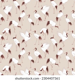 Patrón sin foco con grúas japonesas de corona roja de estilo oriental. Se puede usar para papel tapiz, rellenos de patrones, textil, fondo de página web, texturas superficiales