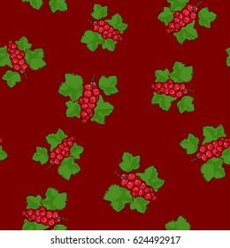 Seamless Pattern of Redcurrant , Fruit Berry on Dark Red Background, Vector Illustration 