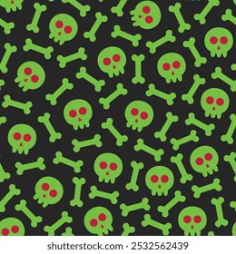 seamless pattern of red-eyed skulls and skeleton bones in green flat design style on red background, horror halloween pattern