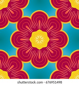 Seamless pattern. Red-gold flowers on a blue background.