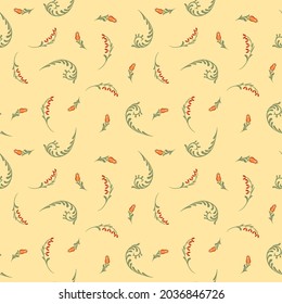 Seamless pattern of red-orange flowers and green twigs on a light yellow background. A pattern with folk elements for fabric or paper. Vector.