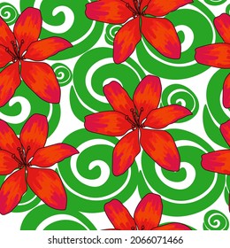 nahtloses Muster von roten orangefarbenen Blumen von Lilien und grünen Spiralen auf weißem Hintergrund, Vektorgrafik