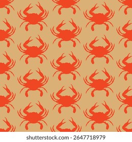 A seamless pattern of red-orange steaned crab sihouettes on a brown background sinmilar to the color of crab house paper that covers the table.