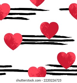 Seamless pattern with red-pink hearts on a background of black stripes. Vector illustration for the design of printed materials with a romantic theme.