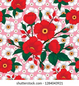 Seamless pattern Red-white wild rose flowers on pink pastel background.Vector illustration hand drawing doodle.For used wallpaper design,textile fabric or wrapping paper.