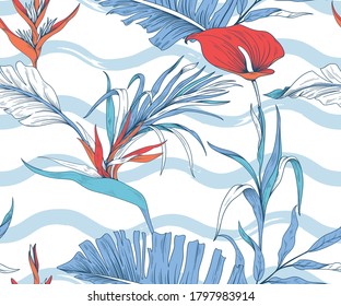 Seamless pattern with red-white-blue flowers and tropical leaves. Seamless pattern with exotic plants and waves