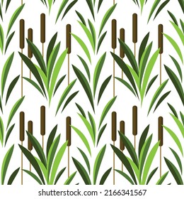 Seamless pattern with reeds and other lake vegetation. Reeds on high stems in green grass. Illustration in flat graphic style.