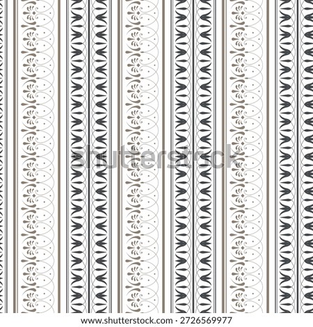 Seamless pattern. Refined vertical border pattern featuring alternating columns of gold scrolling floral motifs, dark grey stylized tulip anthemion bands. Typical egyptian, assyrian, greek border