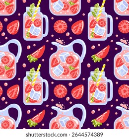 Padrão sem emenda com limonada de morango refrescante em um jarro. Morangos brilhantes, fatias de frutas picantes criam um ambiente de verão alegre, perfeito para bebidas e sobremesas.