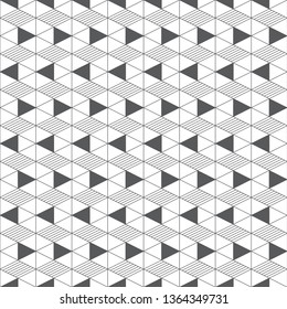 Seamless pattern. Regularly repeating modern geometrical texture consisting of linear hexagons, cubes, triangles, rhombuses. Thin line. Vector element of graphical design