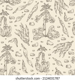 Seamless pattern with rehmannia glutinosa: rehmannia plant, leaves, rehmannia flowers and rehmannia glutinosa root. Cosmetic, perfumery and medical plant. Vector hand drawn illustration.