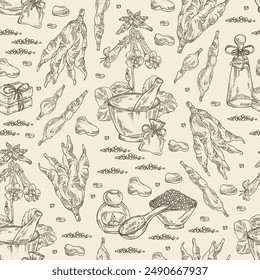 Seamless pattern with rehmannia glutinosa: rehmannia plant, leaves, rehmannia flowers and rehmannia glutinosa root. Oil, soap and bath salt . Cosmetics and medical plant. Vector hand drawn