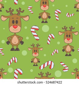 seamless pattern with reindeer and candy canes on a green background.background in flat style. Christmas.cartoon character