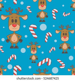 seamless pattern with reindeer and candy canes on a blue background.background in flat style. Christmas. cartoon character