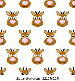 Seamless Pattern With Reindeer. Cartoon Deer Head In Pixel Art Style. 8 Bit Santa's Reindeer. Christmas Magic Animal. Retro Design For Fabric, Wallpaper, Wrapping Paper, Packing. Vector Illustration