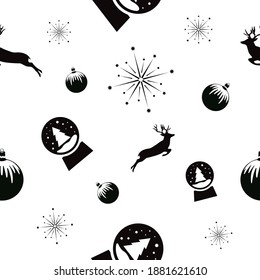 Seamless pattern with reindeer, Christmas balls and snow ball, sparklers. Christmas and winter holidays background elements. Flat design vector textures. Seamless pattern.