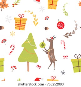 Seamless pattern with reindeer, Christmas decorative candies, viburnum red berries and maple leaves, decorated Christmas tree and presents in gift boxes, balls and bows on white endless vector texture