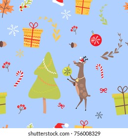 Seamless pattern with reindeer, Christmas decorative candies, viburnum red berries and maple leaves, decorated Christmas tree and presents in gift boxes, balls and bows on white endless vector texture