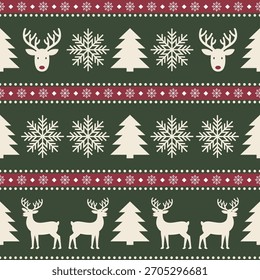 Seamless pattern with reindeer, christmas tree and snowflake. Winter theme.