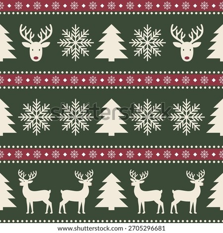 Seamless pattern with reindeer, christmas tree and snowflake. Winter theme.