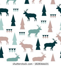 Seamless pattern with reindeer and Christmas trees in Scandinavian style. Vector illustration on a white background, Christmas deer.