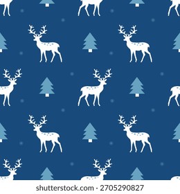 Patrón sin fisuras con renos y árboles de Navidad sobre un fondo azul