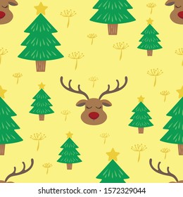 Seamless Pattern / Reindeer with dandelion flower on Yellow Background. Christmas background