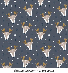 Seamless pattern with reindeer faces on dark background. Cute children textile design. Vetor illustration.