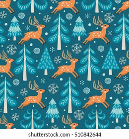 Seamless pattern with reindeer and fir trees. Winter forest