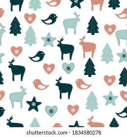 Seamless pattern with reindeer and handmade Christmas accessories in Scandinavian style. Vector illustration on a white background, festive, Christmas concept.