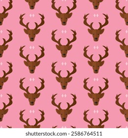 seamless pattern reindeer head face animal on pink background vector wallpaper textile giftwrap