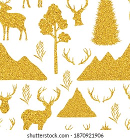 Seamless pattern reindeer horns mountains trees golden silhouettes vector illustration