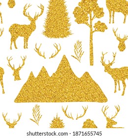 Seamless pattern reindeer horns mountains trees golden silhouettes vector illustration