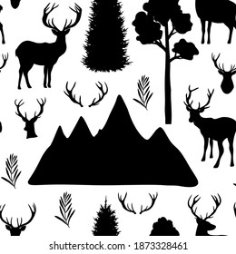 Seamless pattern reindeer horns mountains trees silhouettes vector illustration