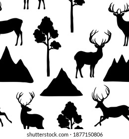 Seamless pattern Reindeer horns mountains trees silhouettes vector illustration