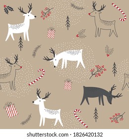 Seamless pattern with reindeer and leaves, berries on brown craft.  Vector illustration