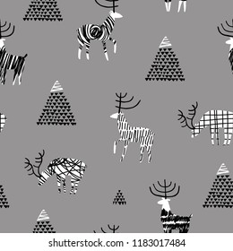 Seamless pattern with reindeer in the mountains. Perfect for cards, invitations, party, banners, kindergarten, baby shower, preschool and children room decoration. Scandinavian landscape.
