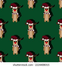 Seamless pattern with reindeer with red nose on green background. Set of christmas elements. Christmas wallpaper. Christmas wrapping paper. 