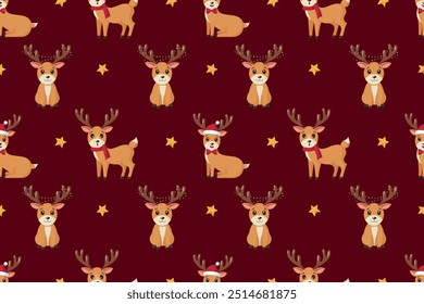 Padrão contínuo com renas e estrelas. Fundo para papel de embrulho, cartões de saudação e desenhos sazonais. Feliz Natal e feliz ano novo.