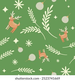 seamless pattern with reindeers, brunches, and snowflakes for christmas design