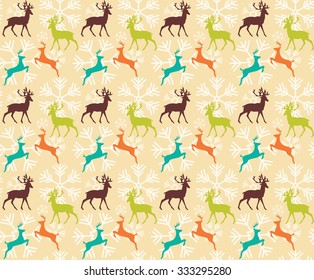 Seamless pattern with reindeers and christmas snowflakes, vector illustration