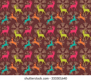 Seamless pattern with reindeers and christmas snowflakes, vector illustration