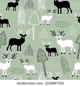 Seamless Pattern with Reindeers, Pine-tree, Bushes. Perfect for Kids Fabric, Card, Banner, Textile, Wallpaper. Vector illustration